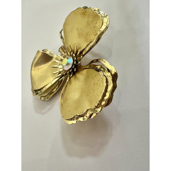 Vintage Gold Tone Sculptural Flower Brooch AB Rhinestone Mid Century Statement - Picture 7 of 12